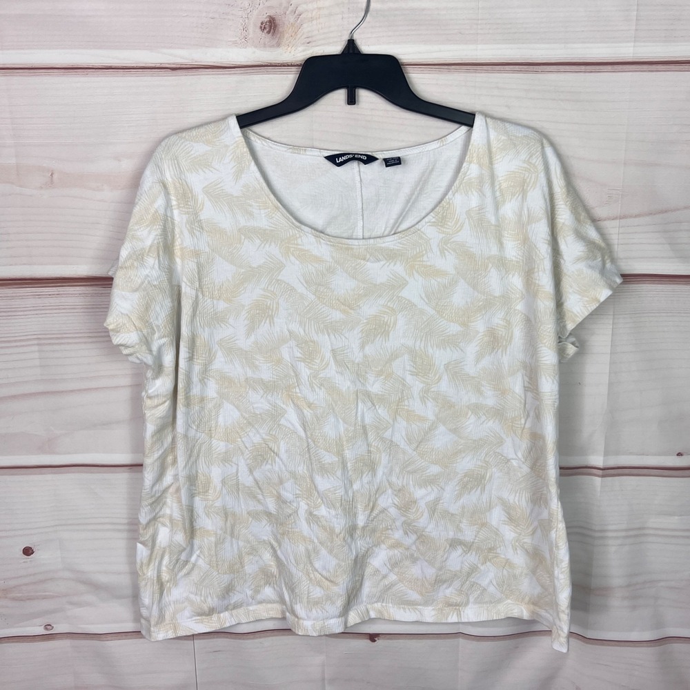 Lands End Top Womens 1X White Beige Leaf Print‎ Blouse Knit Scoop Neck Pullover